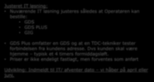 4.3 Rå Fiber GDS fejl og oplæg til nyt produkt Justeret IT løsning: Nuværende IT løsning justeres således at Operatøren kan bestille: GDS GDS PLUS GIG GDS Plus omfatter en GDS og at en TDC-tekniker
