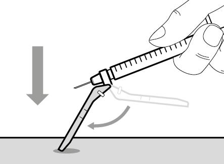 Trin 16. Dæk nålen med sikkerhedsskjoldet Vip sikkerhedsskjoldet 90 frem, væk fra sprøjten, således at det dækker nålen.