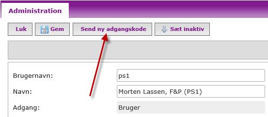 Siden får du brugerens profil vist. Tryk på knappen Send ny adgangskode og systemet sender straks en mail til brugerens mailadresse.