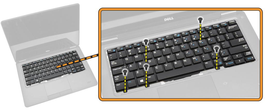 5 Udfør følgende trin som vist på illustrationen: a Lirk tastaturet for at frigøre det fra computeren [1]. b Fjern tastaturet fra computeren [2].