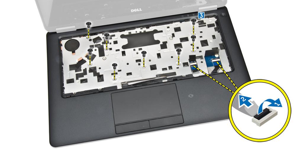 e tastatur 3 Fjern skruerne, der fastgør håndfladestøtten og vend computeren. 4 Udfør følgende trin som vist på illustrationen: a Vend computeren.