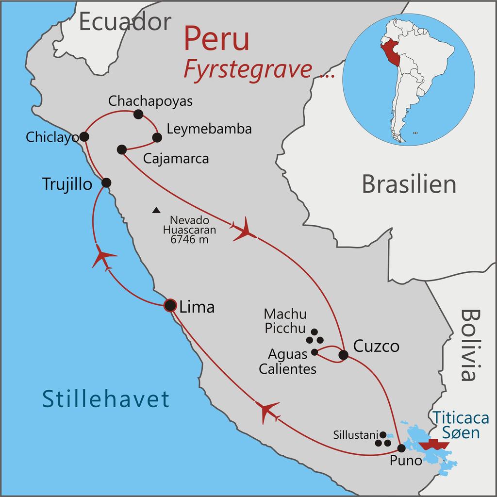 Prisen inkluderer Oversøisk flyrejse 3 indenrigsflyvninger i Peru: Lima-Trujillo, Cajamarca-Cuzco, Juliaca-Lima Dansk rejseleder Engelsktalende lokalguider Alle entréudgifter ifølge