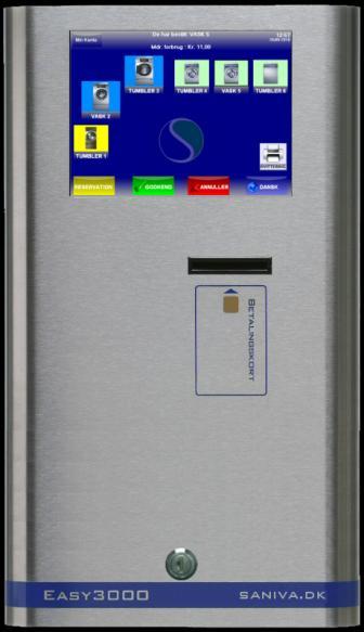 Hold kortet op mod den blå forkant og vent 1-2 sekunder - en lille højtaler vil også hyle, når døren kan åbnes Brug af betalingsanlægget På skærmen ses de maskiner der er i vaskeriet.