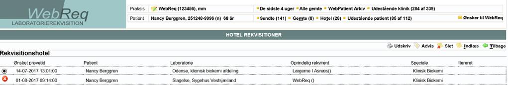 4.10.1 Hente hotelrekvisition Vælg menupunktet: Hotel og en side med den aktuelle patients hotelrekvisitioner vises. Udvælg den rekvisition der skal indlæses Klik: Indlæs.