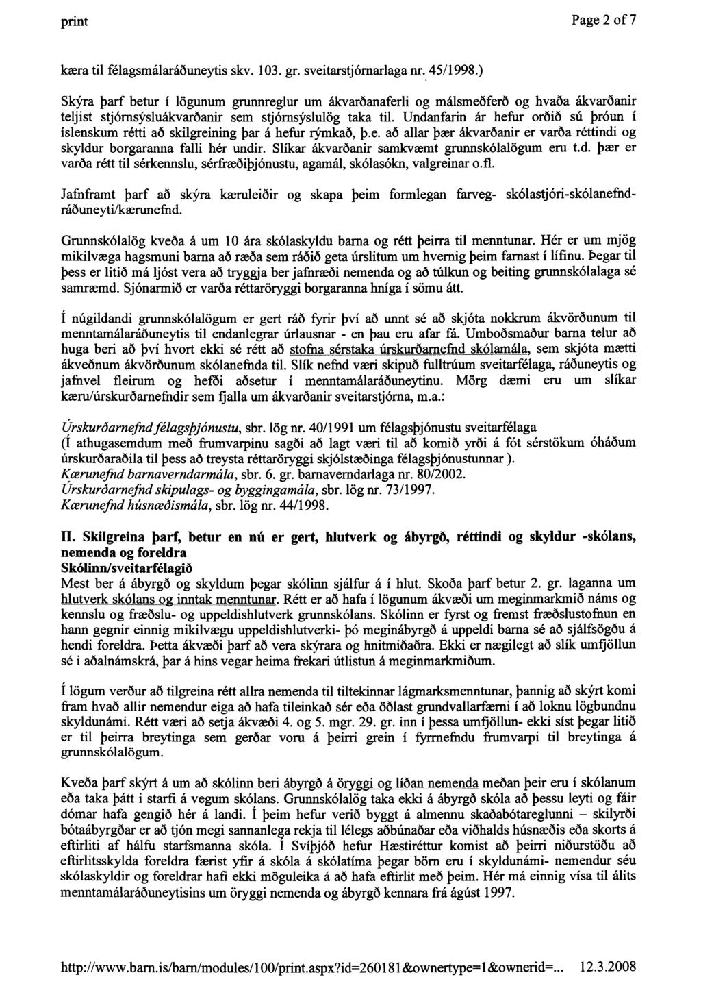 print Page 2 of 7 kæratil félagsmálaráðuneytis skv. 103. gr. sveitarstjómarlaga nr. 45/1998.