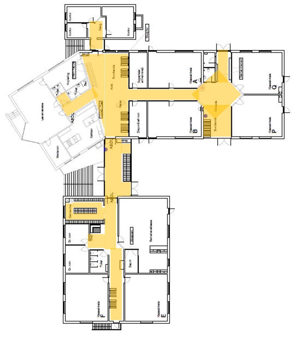 Sektion 4 Sektion 4 (orange): - Tørmobning og vask af stueetagens gangarealer - Støvsugning af måtter ved indgangspartier i stue-etagen Sektion 5 Sektion 5 (gul) (Kælderetage): - Tørmobning og vask