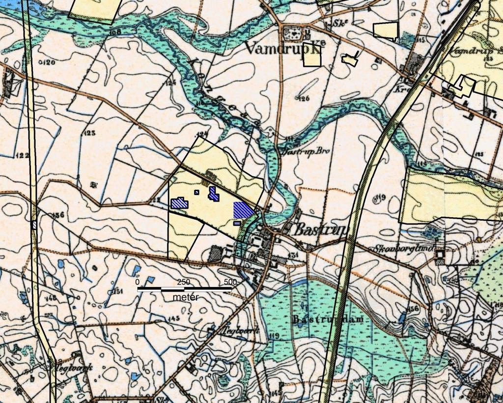 Det forundersøgte område indplaceret på et Højkantskort fra 1870 erne. Blå er de arkæologiskområder.