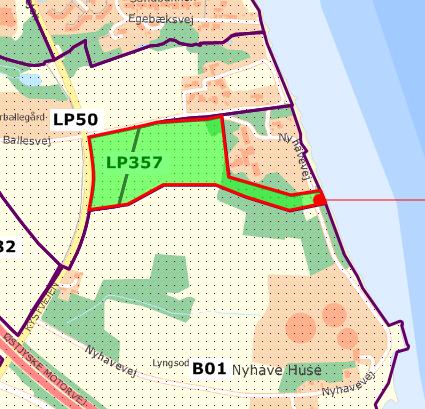 Lokalplanområde LP357er markere med grøn på oversigskore ovenfor il vensre. På oversigskore il højre ses sikledningens placering (vis med rød sreg).