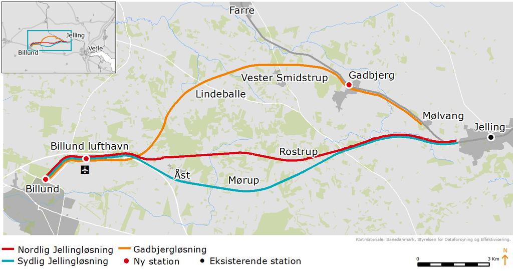 Anlægsbeskrivelse Projektet omfatter undersøgelse af tre linjeføringer og to stationsløsninger i Billund Lufthavn og Billund by.