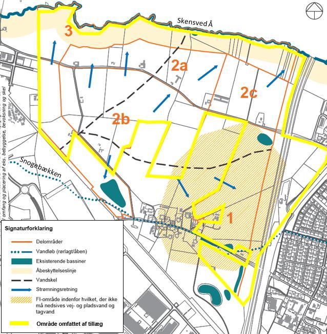 Figur 4: Vandskel og områdeinddeling jf. Lokalplan 1046 Køge Nord: Delområde 1 centerområde, delområde 2 erhvervsområde. Delområde 3 