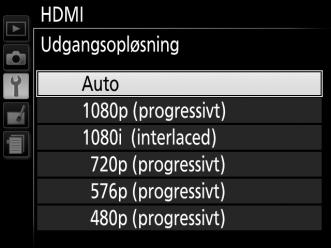Valg af udgangsopløsning For at vælge formatet for billeder udlæst til HDMI-enheden skal du vælge HDMI > Udgangsopløsning i kameraets opsætningsmenu (0 199).