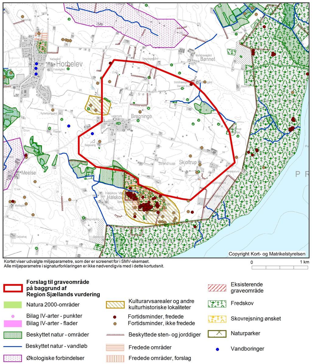 Kort med udvalgte miljøparametre til forslag til nyt graveområde ved Bregninge Beskrivelse af området Forslag til nyt graveområde ligger sydvest for Horbelev.