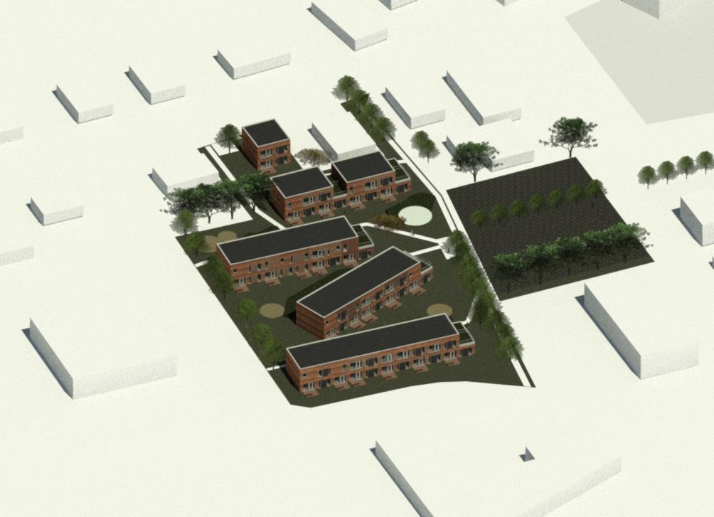 Redegørelse Lokalplan nr. 432 Område til boligformål ved Toften 6, Tarm Illustrationen viser princip for udformning af bebyggelsen set fra have med regnvandsbed.