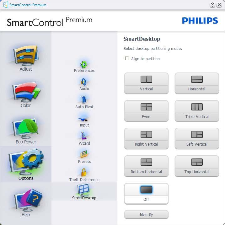3. Optimering af billede 3.6 Guide til SmartDesktop SmartDesktop SmartDesktop er en del af SmartControl Premium. Installér SmartControl Premium og vælg SmartDesktop fra Options (Indstillinger).