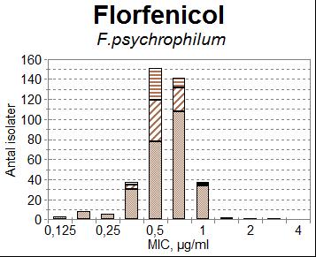 Fig. 2. Diagrammer der viser fordelingen af samtlige 632 Flavobacterium psychrophilum fra de forskellige tidsperioder. Figuren uden årstal er fra 1994-1998 og er fra Bruun et al. (2000).