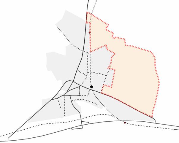 Ovenstående kort viser perspektivområde for udbygning af Oksbøl afgrænsningen er markeret med rød stiplet linje.