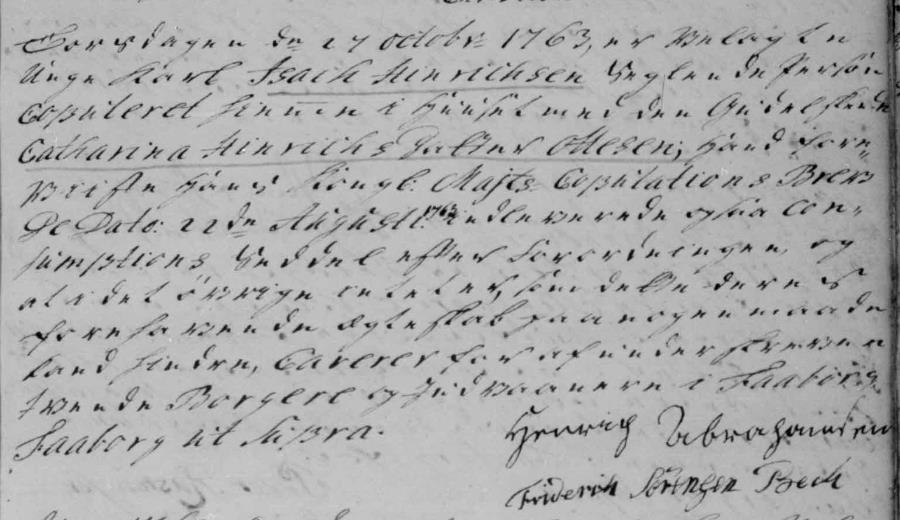 EB Fåborg (Svendborg) 1755-1767, 1763 op 133 Isach gift 27/10 Torsdagen den 27 Octobr: 1763, er velagte Unge Karl Isach Henrichsen?