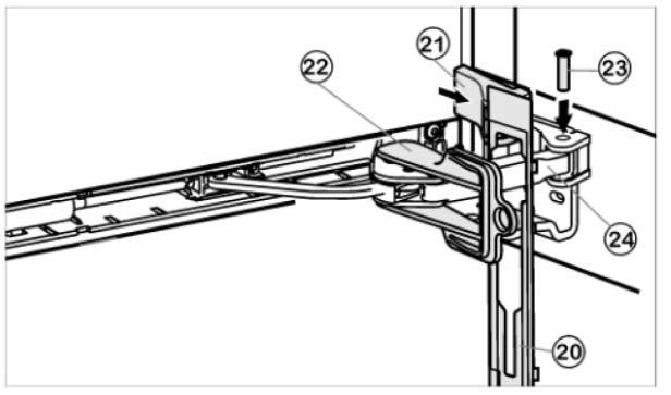 Montering af den nederste soft stop mekanisme Klik frontpladen (20) på døren. Luk den nederste dør. 4.1.9. Montering af den øverste dør Sæt den øverste dør på lejebolten i midten (32).