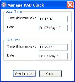 Check/Set PAD Time vindue Ved at klikke på Synchronize-knappen sættes tiden på samaritan PAD