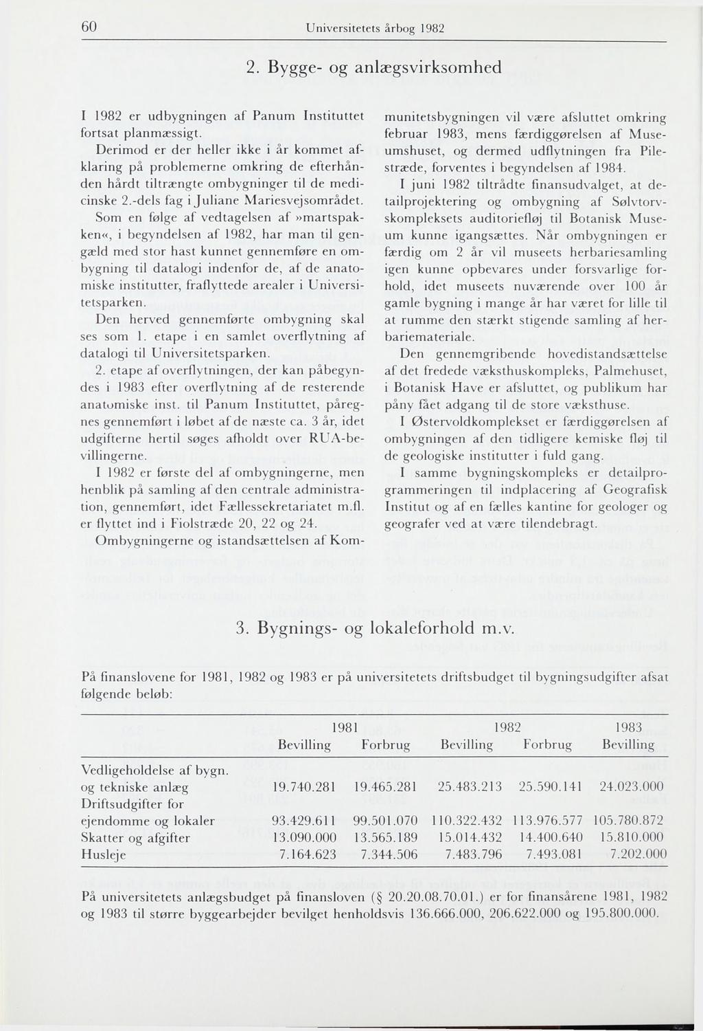 60 Universitetets årbog 1982 2. Bygge- og anlægsvirksomhed I 1982 er udbygningen af Panum Instituttet fortsat planmæssigt.