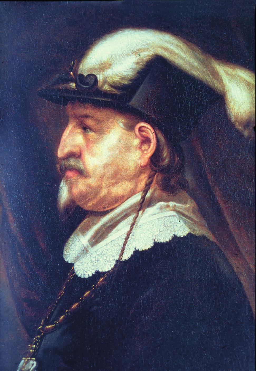 9 Figur 8: Maleri af Christian IV i profil fra venstre. Efter slaget på Kolberger Heide lod kongen sig kun male i profil fra venstre, så man ikke skulle se den læderede højre side af hans ansigt.