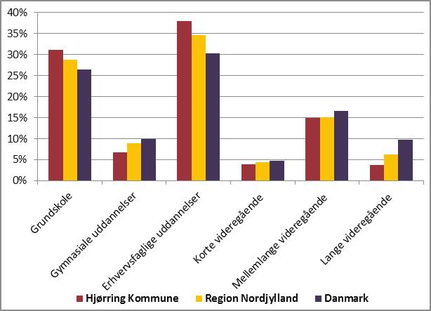 Borgere i Hjørring Kommune er generelt lavere uddannet end i Region Nordjylland og Danmark. Der er en højere andel borgere med grundskole og erhvervsfaglige uddannelse end i regionen og på landsplan.