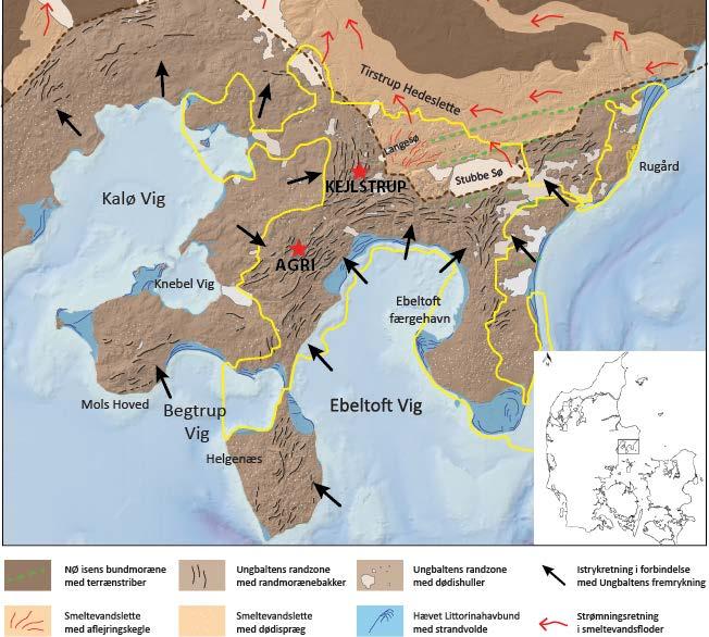 Figur 4: Geomorfologiske tolkninger baseret på LiDAR-kort over det sydlige Djursland. Spor fra Hovedfremstødet samt Ungbalten er observeret.