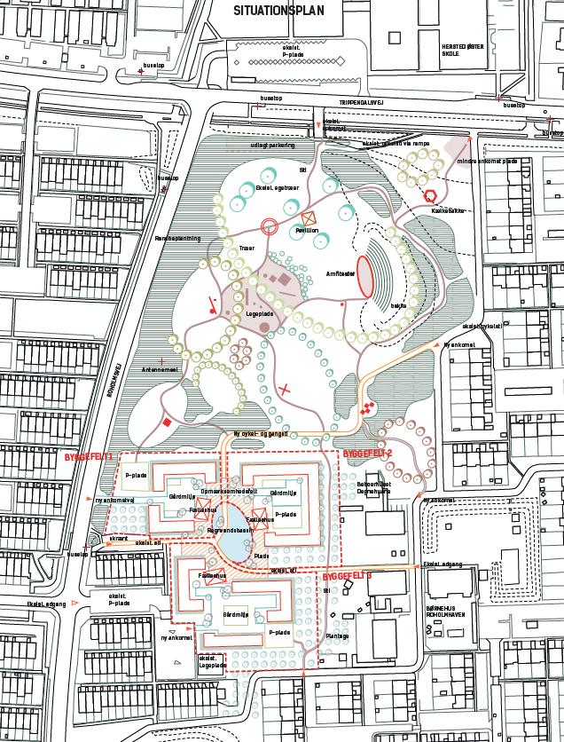 Illustration 3 Udviklingsplan for Roholmparken, udarbejdet af tegnestuen Sted Kommuneplanen Den gældende Kommuneplan 2013 giver i dag mulighed for at opføre boliger i cirka halvdelen af parken mod
