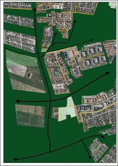 Til venstre: Her ses hvordan området ligger placeret i forhold til ønsket om en sammenhængende grøn struktur både visuelt og i forhold til adgang.