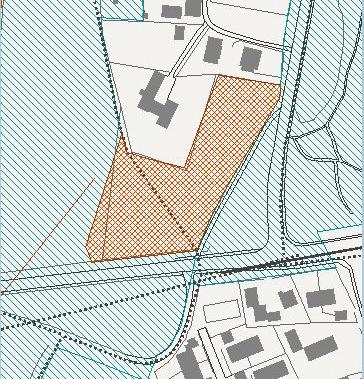 Illustrationsplanen fra kommuneplanen som viser hhv. den planlagte sti (stiplet) og det grønne område, som ikke må bebygges (grøn skravering). tegreret i Hasseris' øvrige boligforstæder.