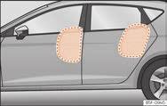 33 Fuldt oppustede sideairbags i venstre side af bilen Sideairbaggene er placeret i siden af førersædets Fig. 32 og i passagersædets ryglæn samt i bagsæderyglænet*.