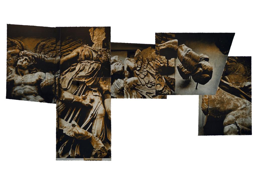 Parti af Pergamonalteret Fotogravure. Samlet mål, ophængt ca.90x300x150cm. Enkelttrykkene, vekslende mål omkring 60x90cm.