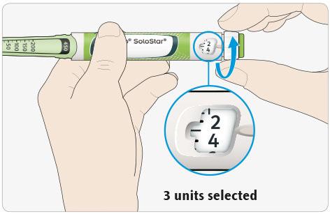 A Vælg 3 enheder ved at dreje dosisvælgeren indtil dosisviseren er ved mærket mellem 2 og 4. 3 enheder valgt B Tryk dosisknappen helt i bund.