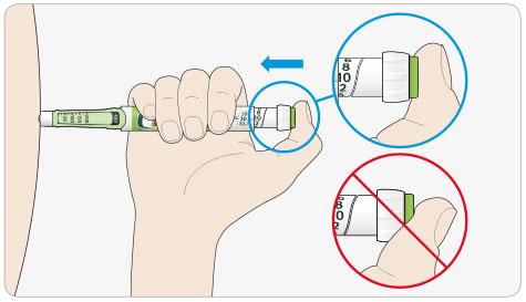 C Placer tommelfingeren på dosisknappen. Tryk derefter hele vejen ind og hold. Tryk ikke i en vinkel tommelfingeren kan i så fald forhindre dosisvælgeren i at dreje.