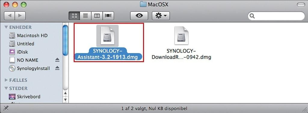 2 I det vindue, der vises, skal du dobbeltklikke på mappen MacOSX og derefter dobbeltklikke på Synology Assistant-[nummer].dmg. 3.2-1955 3 Dobbeltklik på Synology Assistant.