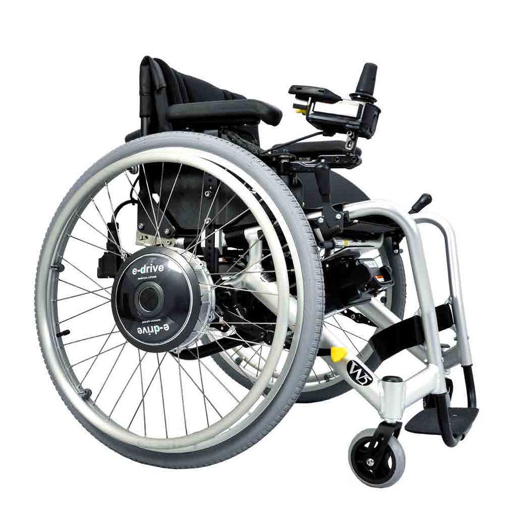E-Drive Frihed og kontrol Lette el-hjul der betjenes med lille, enkelt joystick og tilfører el-kørestolens egenskaber til den aktive kørestol TGA Lettere at skubbe kørestolen Hjælperstyret motor, der