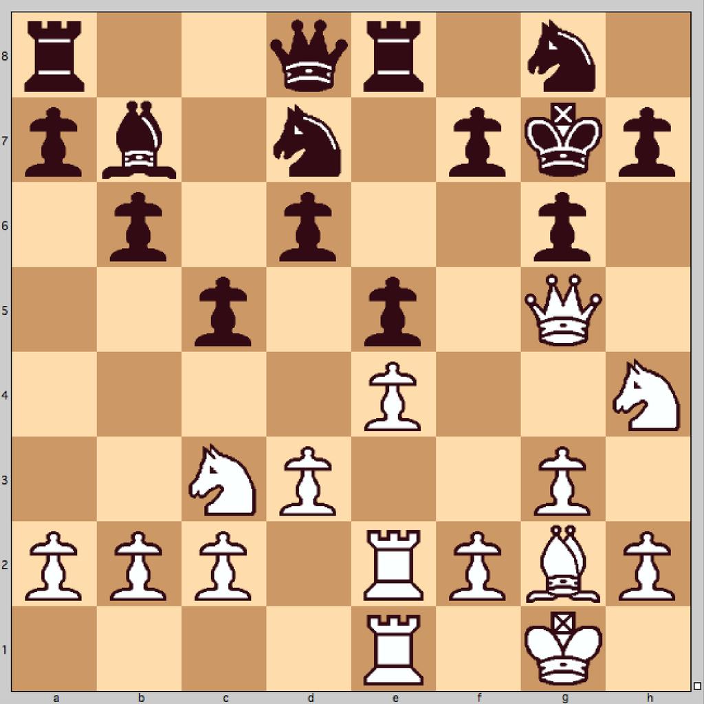 Hvid: Niels F. Holm, Sort: Bjarke Andersen Åbning: Siciliansk 1. e4, c5 2. Sf3, d6 3. Sc3, Sf6 4. g3, b6 5. Lg2, Lb7 6. d3, Sbd7 7. O-O, g6 8. Te1, Lg7 9. Lg5, O-O 10. Dc1, Te8 11. Lh6, Sg4 12.