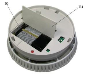 Røgalarmen drejes mod uret til den er fri af montagepladen (se billede 1). Stikket tages forsigtigt af B3 (se billede2). Batteridæksel åbnes B4 (se billede 3).
