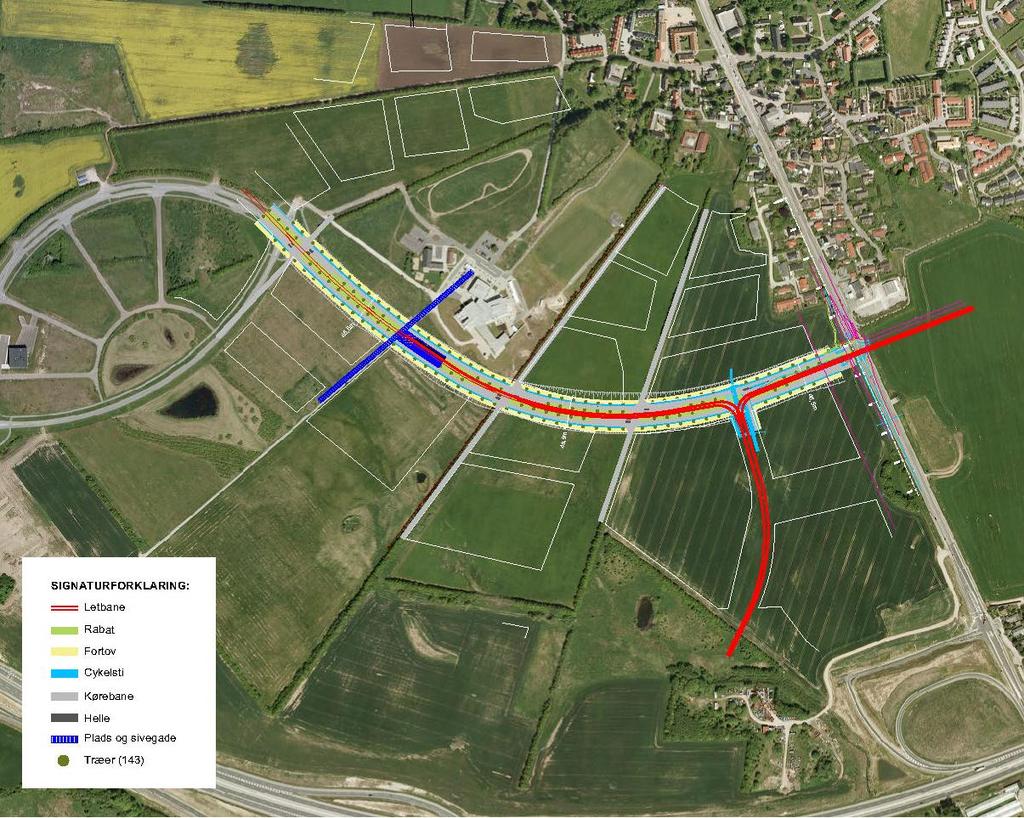 5 Illustration af mulig udformning af lokalplanområdet med vejanlægget og letbanetracéet.
