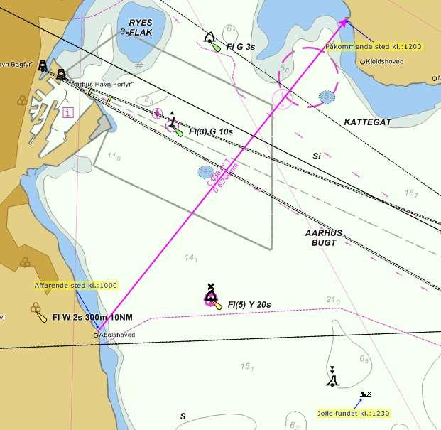 Kl. 12.30 findes motorbåden drivende uden person ombord på en GPS position 56 05,0N 010 19,4E (se Fig. 6-18). Vejrhistorikken har de sidste 12 timer været en sydsydøst-gående strøm ( 157 ) på ca.