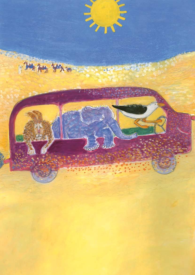 En elefant, en måge og en hare En elefant, en måge og en hare kørte i bus ud i Saharas ørken fuld af sand et stort og øde land hvor solen brænder dagen lang og varmen den er hed.