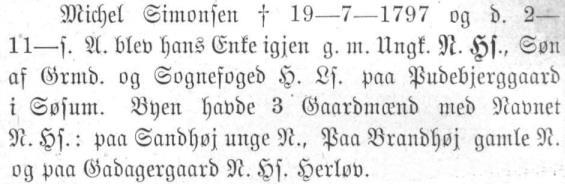 Niels Hansen 1773 Udklip side 260 fra Hjørlunde Sogns Historie af C. Carstensen 1878 - Sandhøigaard: Omskrevet: Michel Simonsen døde 19-7-1797 og d. 2-11-s. A.