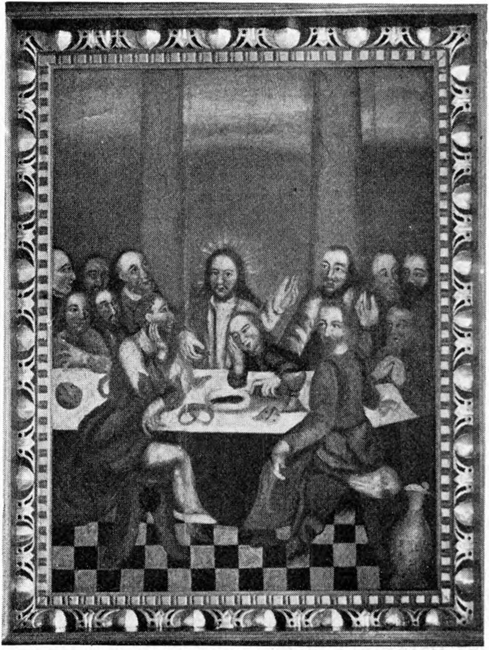 920 MORSØ NØRRE-HERRED Fig. 4. Tødsø. Maleri 1711 af Rasmus Jensen Thrane, i Altertavlens Storfelt (S. 921). Fig. 5. Tødsø. Prædikestol med malet Aarstal 1600 (S. 922). Ruder.