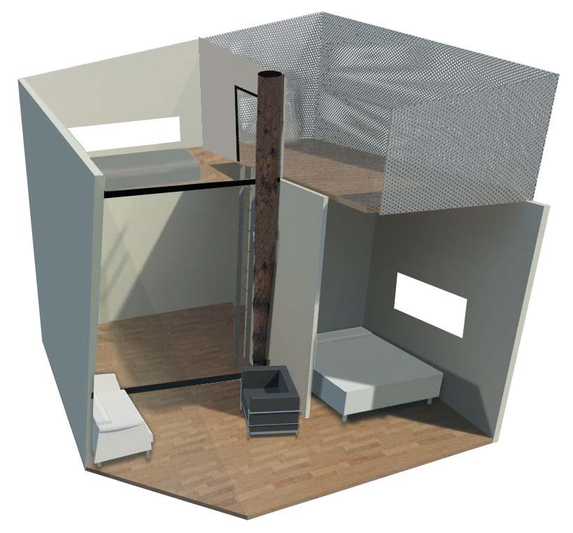 Hy erne består af 1½ etage, hvor der i første plan er en opholdsstue og et soveværelse, samt en trappe der fører op l en hems med yderligere to sovepladser og en tagterrasse.