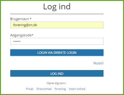 4) Klik på Nulstil adgangskode, og du får tilsendt en Direkte Login -adgangskode på mail 5) Find tilbage til Log ind-billedet Angiv den samme e-mail som brugernavn.