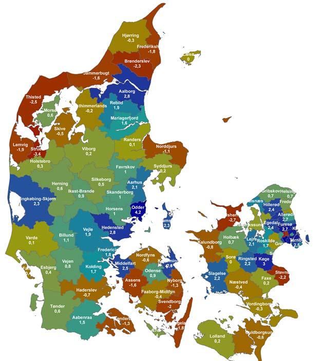 1. Procentvise udvikling i antal arbejdspladser i hele Danmark Kortet viser den procentvise ændring i antal arbejdspladser fra 2014 til 2015 for danske kommuner.