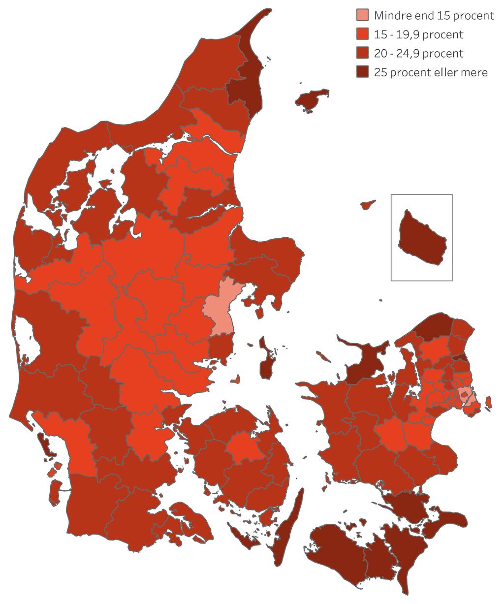 4 Figur 2: Andelen af ældre i aldersgruppen 65+ - alle kommuner, 2017 Kilde: Danmarks Statistik. Tabel FOLK1A: Folketal den 1.