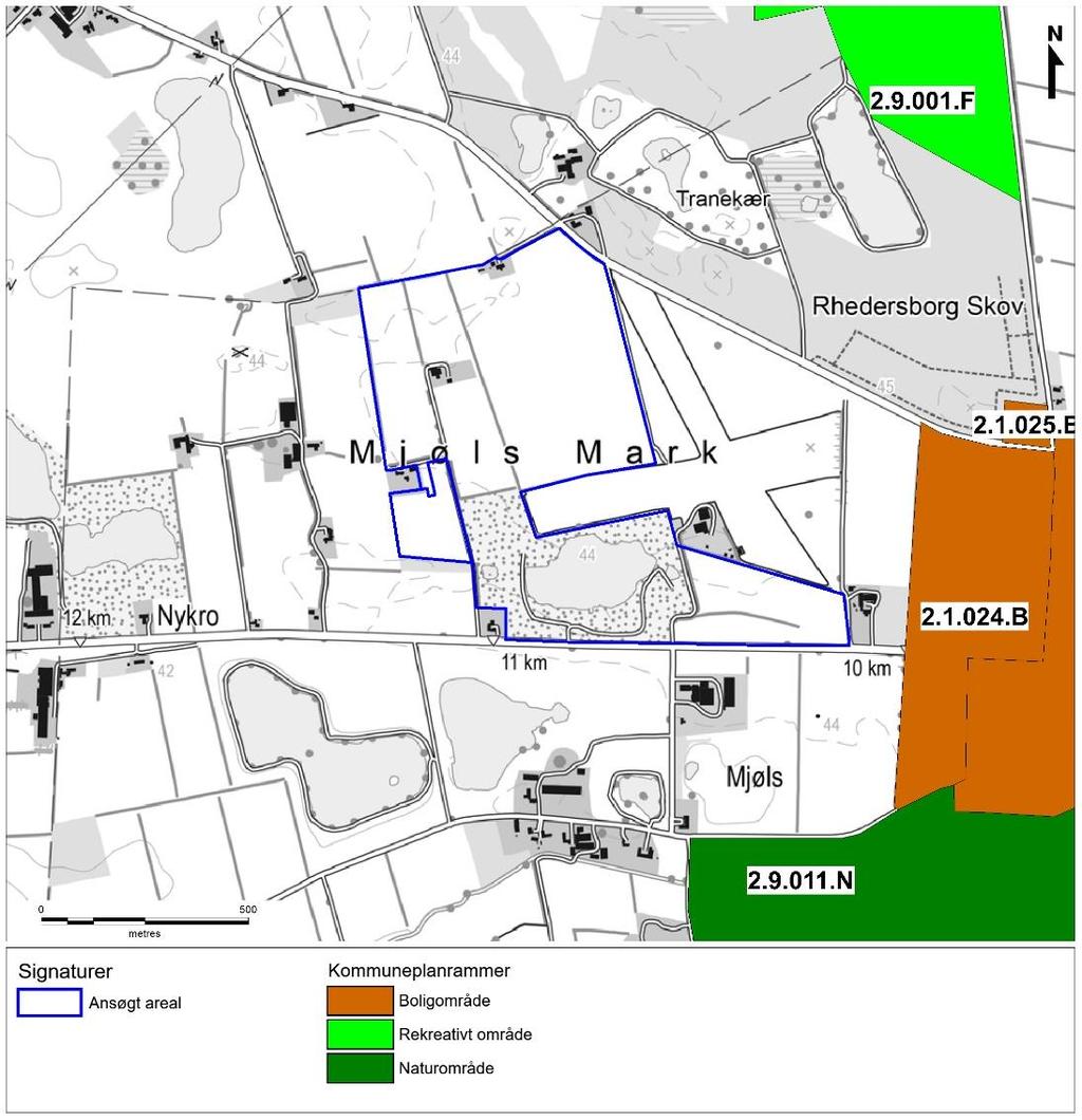 Figur 6.1: Kommuneplanrammer omkring det ansøgte område. 6.4 Lokalplan Kommunalbestyrelsen kan tilvejebringe lokalplaner, hvor der gennemføres større udstykninger eller større bygge- eller anlægsarbejder /9/.