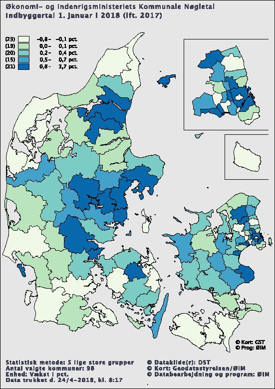 Bilag 1, befolkningsudviklingen fra 2017 2018 vist på et Danmarkskort Billede 6 3, Procentvis stigning i folketallet fra 1. januar 2017 til 1.