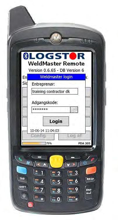 5.2.0.1 WeldMaster Instruktioner - PDA Login-skærm Når PDA en tændes, fremkommer et loginskærm. Log på ved at indtaste entreprenørens navn og password. Disse bliver givet af LOGSTORs administrator.